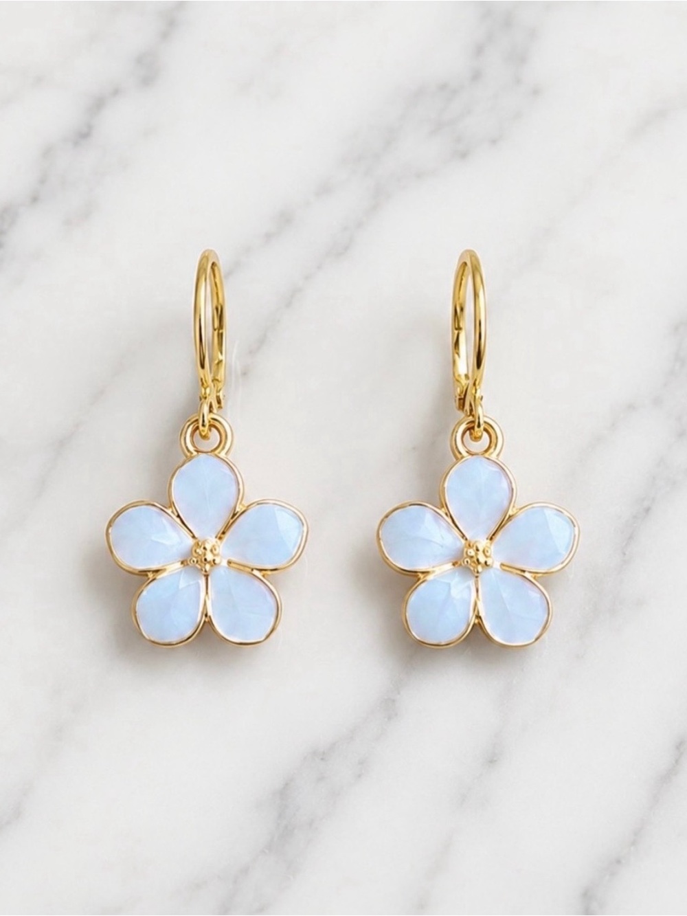 Gold-Plated White Enamel Flower Drop Earrings - Women's Jewelry
